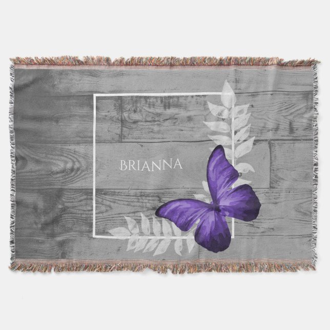 Purple Butterfly Rustic Personalised Throw Blanket (Front)