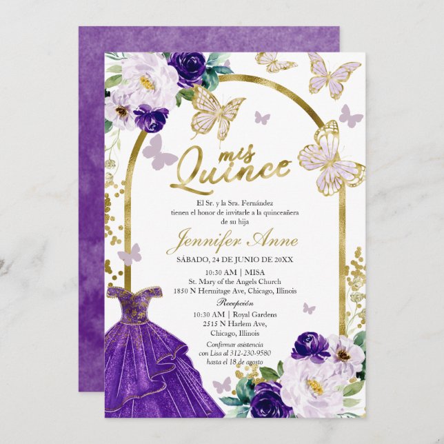 Purple Butterfly Spanish Quinceanera Invitations (Front/Back)