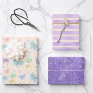 Purple Butterfly Stripe Metallic Gift Wrapping Paper Sheet