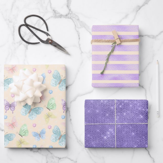 Purple Butterfly Stripe Metallic Gift Wrapping Paper Sheet (Front)