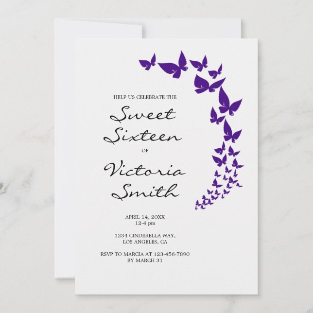 Purple Butterfly Sweet 16 Invitation (Front)