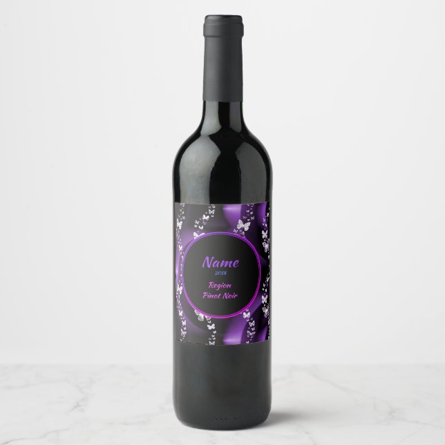 Purple Butterfly Swirl Wine Label (Front)