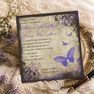 Purple Butterfly Vintage Square Wedding Invitation