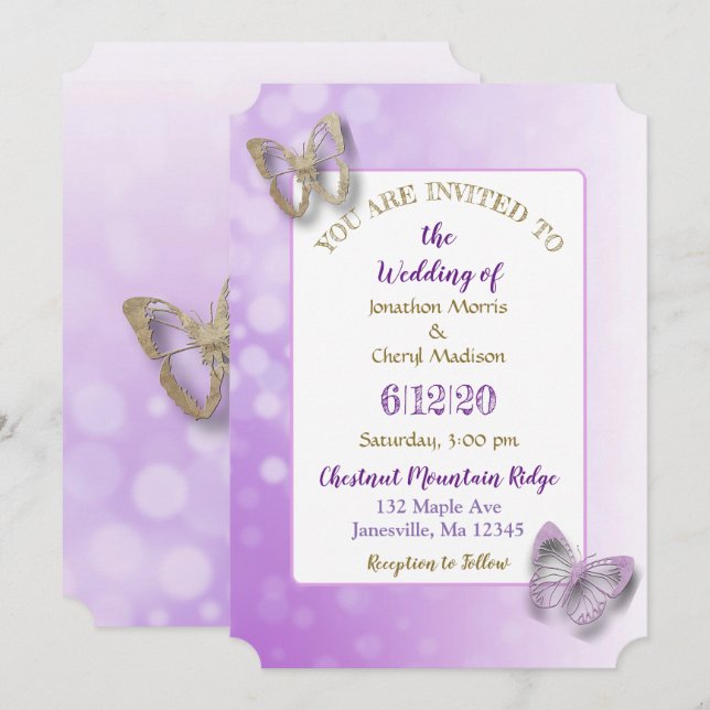 Purple Butterfly Wedding Invitations (Front/Back)