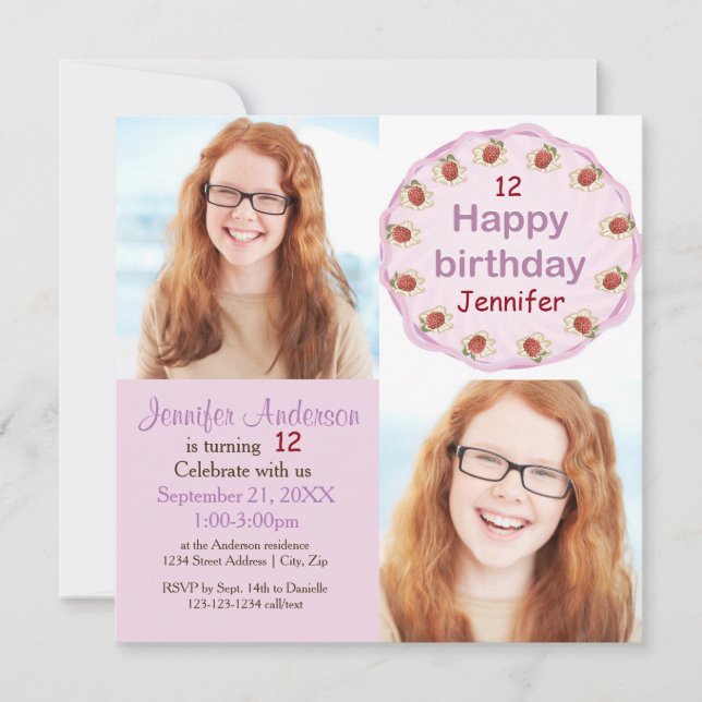 Purple Cake 2 Photos - Birthday Invitation (Front)