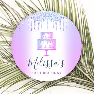 Purple cake glitter drips girly glam elegant party round paper coaster