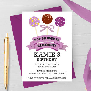Purple Cake Pops Birthday Party Invitation
