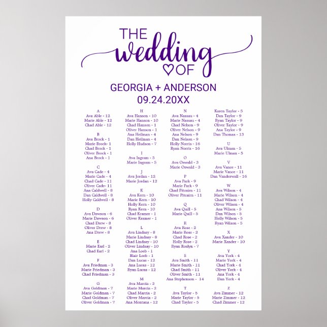 Purple Calligraphy Alphabetical Seating Chart (Front)
