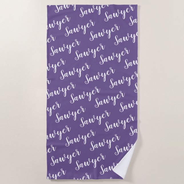 Purple Calligraphy Personalised Repeat Name Beach Towel (Front)