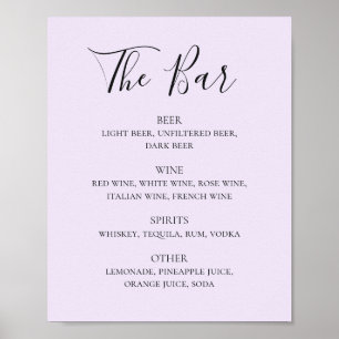 Purple calligraphy script wedding drinks bar menu poster