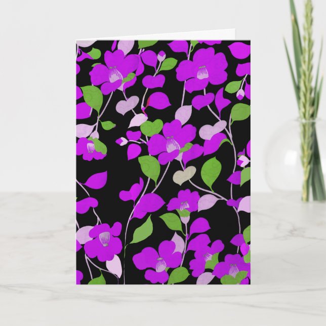 PURPLE CAMELLIAS,WHITE GREEN LEAVES BLACK Floral Holiday Card (Front)