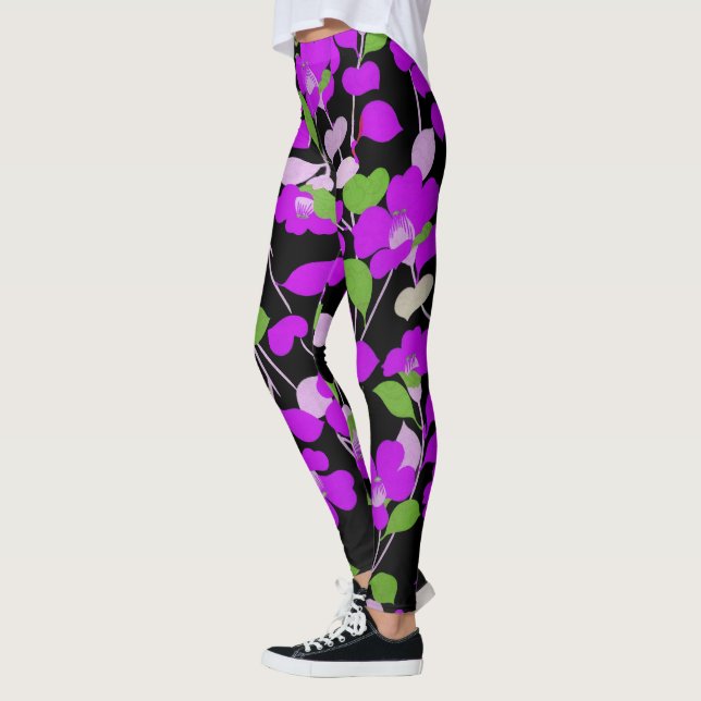 PURPLE CAMELLIAS,WHITE GREEN LEAVES BLACK Floral Leggings (Left)