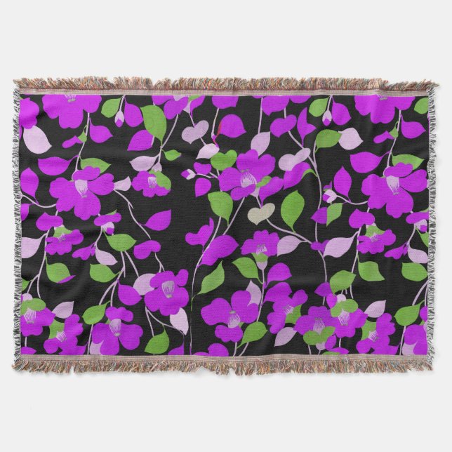 PURPLE CAMELLIAS,WHITE GREEN LEAVES BLACK Floral Throw Blanket (Front)