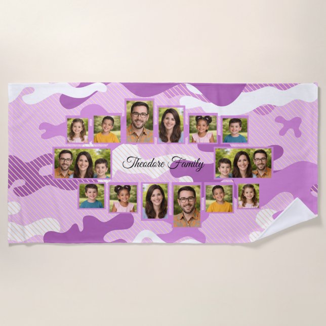 Purple Camo Family Collage Photo Beach Towel (Front)