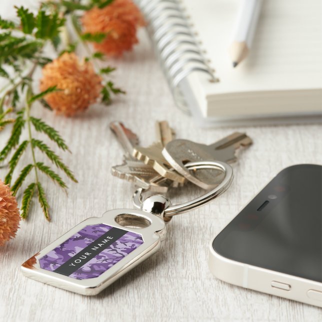 Purple Camouflage Your name Personalise Key Ring (Side)