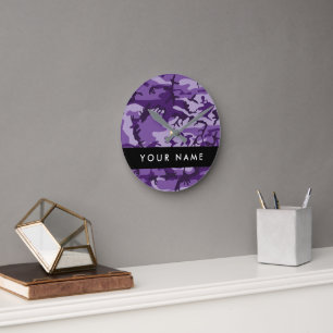 Purple Camouflage Your name Personalise Round Clock