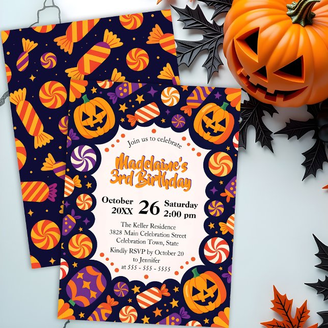 Purple Candy Pumpkin Kids Halloween Birthday Invitation (Creator Uploaded)
