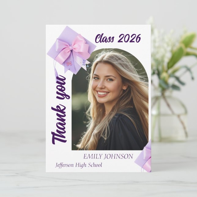 Purple Cap Photo Graduation Thank You Card (Standing Front)