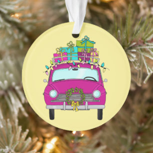 Purple Car with Christmas Gifts Ornament