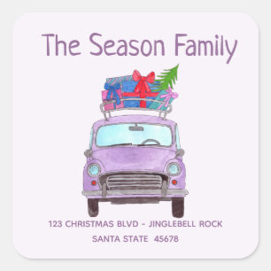 Purple Car with Christmas Gifts Square Sticker