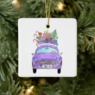 Purple Car with Christmas Gifts Watercolor Ceramic Ornament