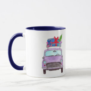 Purple Car with Christmas Gifts Watercolor Mug