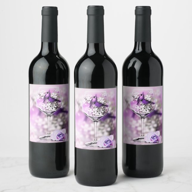 Purple Cardinal Birds in A Crystal Wine Glass Wine Label (Bottles)