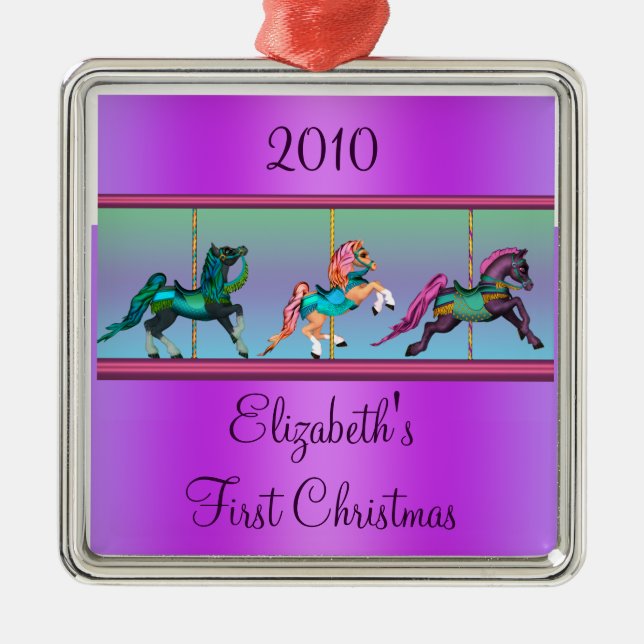 Purple Carousel Ponies Babys First Christmas Metal Tree Decoration (Front)