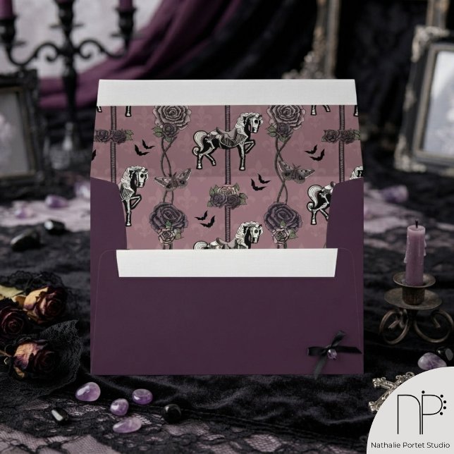 Purple Carousel Skeleton Horse Envelope (Moody purple gothic envelope with hand-drawn skeleton horse interior and ivory return address)