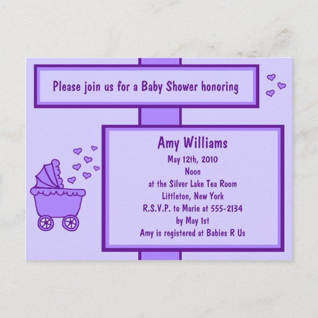 Purple Carriage & Hearts Shower Invitation (Front)