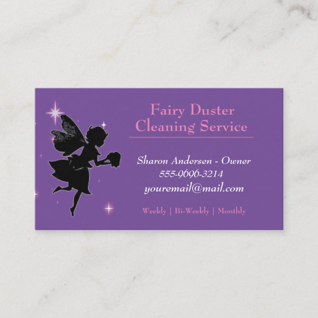Purple Cartoon Fairy Girl House Cleaning Service Business Card (Front)