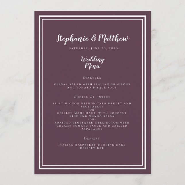 Purple Cassis Wedding Menu Simple Framed Chic (Front)