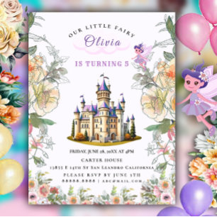 Purple Castle Fairytale Birthday Theme with Fairy Invitation Postcard