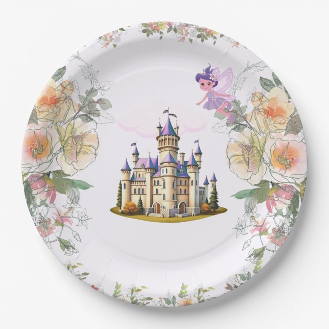 Purple Castle Fairytale Birthday Theme with Fairy Paper Plate (Front)