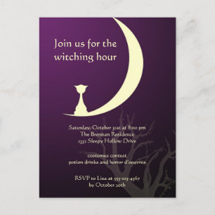Purple cat moon spooky Halloween invitation card