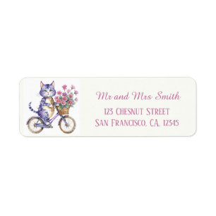 Purple Cat riding a bicycle with flowers