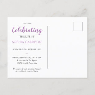 Purple Celebration of Life Photo Funeral Invite Postcard