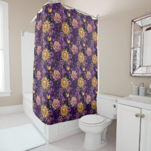 Purple Celestial Floral Sun Moon and Stars Shower Curtain