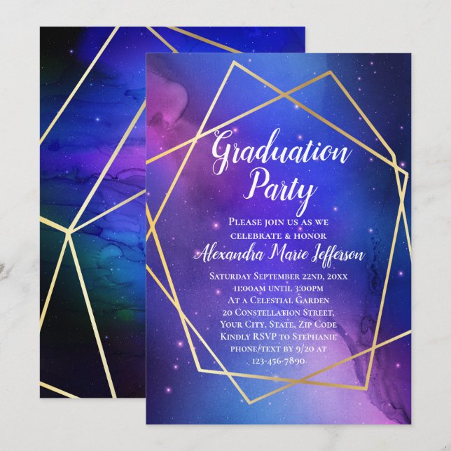 Purple Celestial Geometric Gold Graduation Party Invitation (Front/Back)