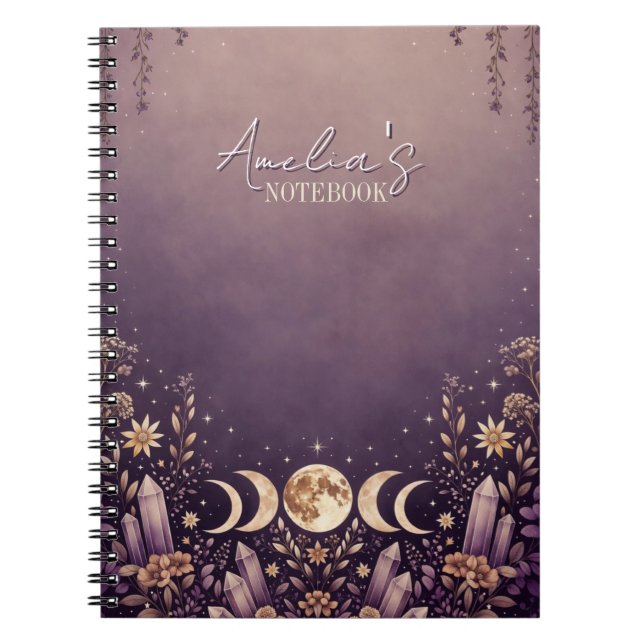 Purple Celestial Moon Phase Crystal Notebook (Front)