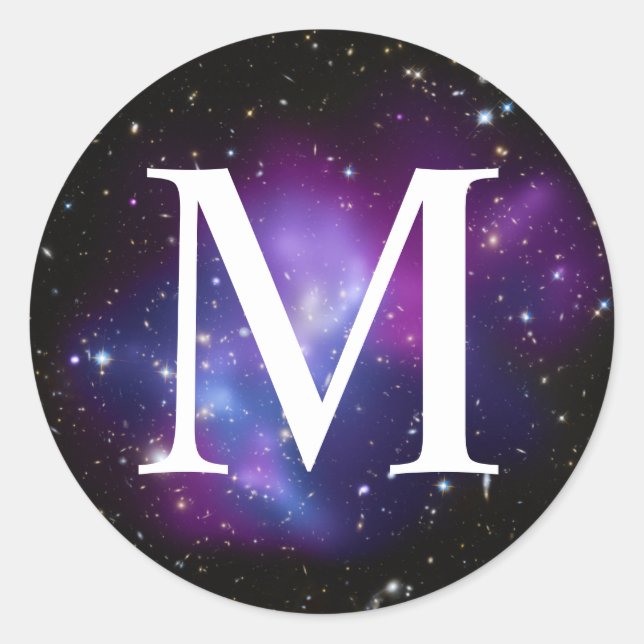 Purple Celestial Space Photo Classic Monogram Classic Round Sticker (Front)