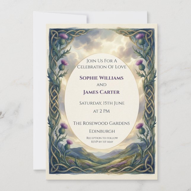 Purple Celtic Thistle Wedding Invitation (Front)