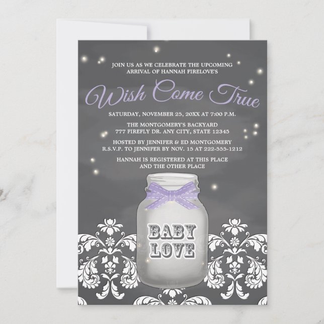 Purple Chalkboard Firefly Mason Jar Baby Shower Invitation (Front)