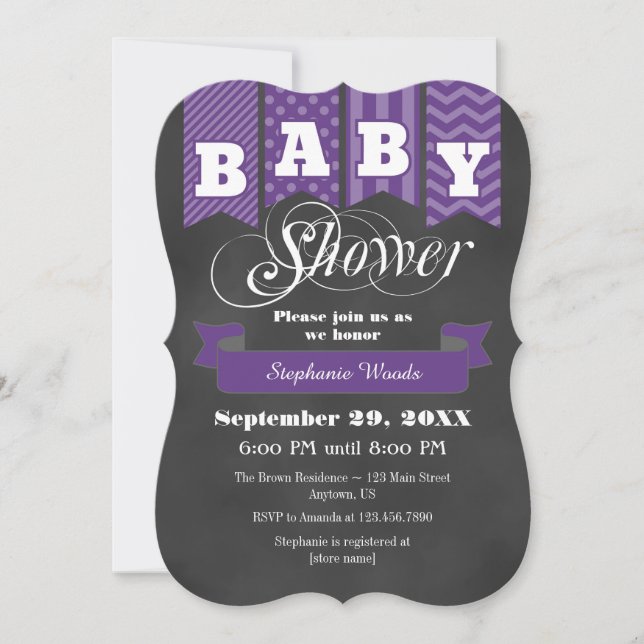 Purple Chalkboard Flag Baby Shower Invite (Front)