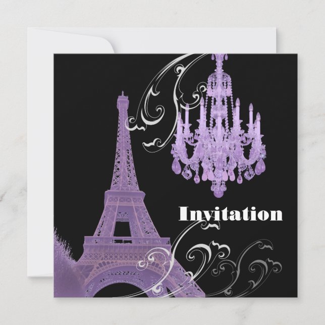 Purple  Chandelier Effiel Tower Wedding Invitation (Front)