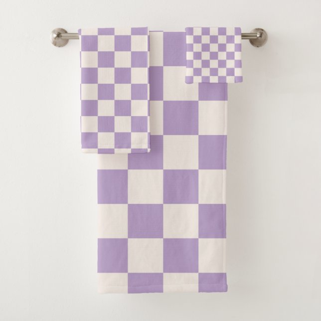 Purple Check, Chequerboard Pattern, Chequered Bath Towel Set (Insitu)