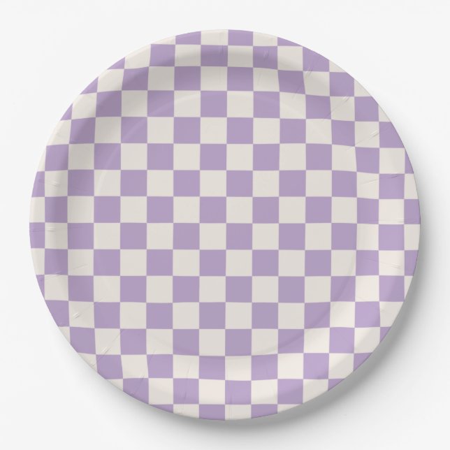 Purple Check, Chequerboard Pattern, Chequered Paper Plate (Front)
