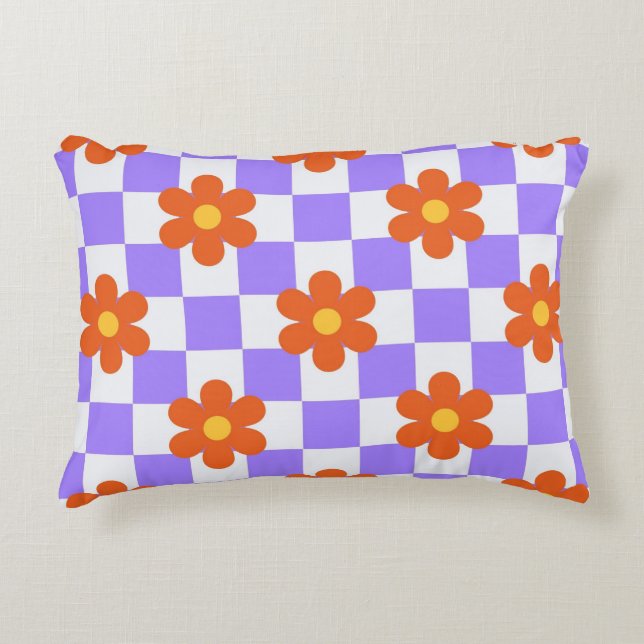 Purple Check Pattern With Orange Flower Decorative Cushion (Front)