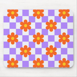 Purple Check Pattern With Orange Hippie Flower Mouse Pad