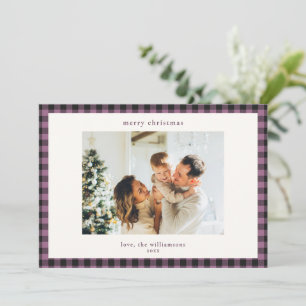 Purple Check Plaid Border Photo Rustic Christmas Holiday Card